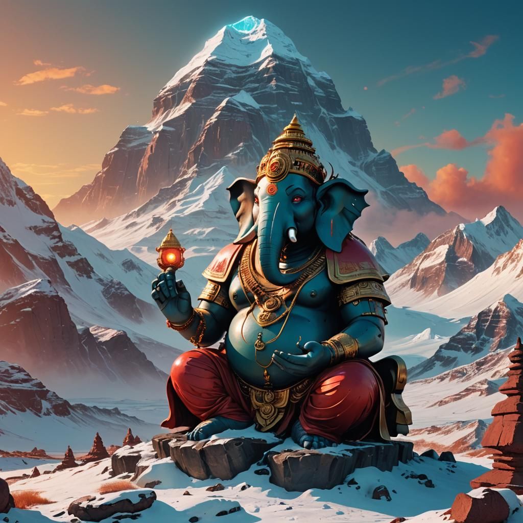 Robotic Ganesha Idol on Mount Kailash: Digital Matte Paintin...