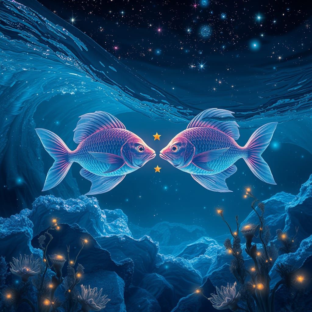 Surreal Cosmic Fish Swim in Harmony, Blending Myth and Magic