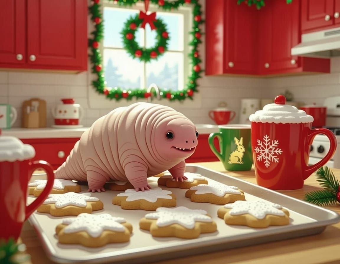 Cartoon Tardigrade Explores Giant Christmas Kitchen