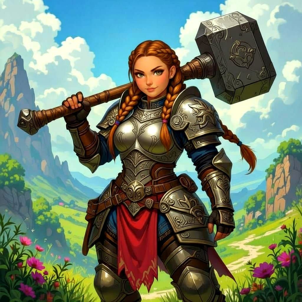 Stout Dwarf Warrior with Warhammer in Fantasy Landscape