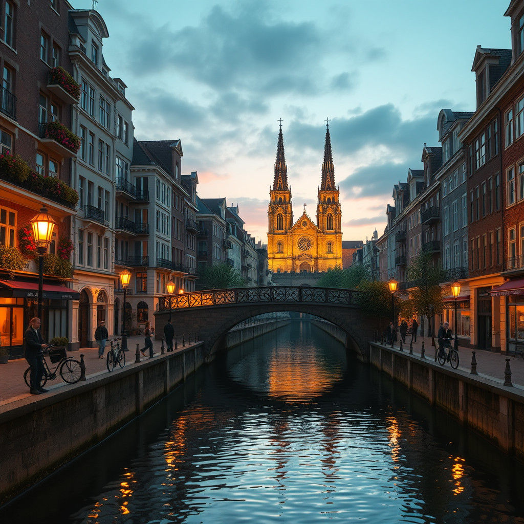 European City Canal at Twilight, Dreamy Matte Painting