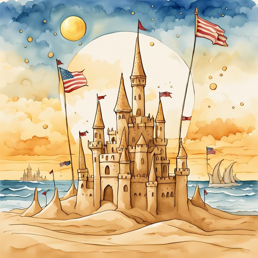 Majestic Sandcastle on Golden Beach: Watercolor Illustration