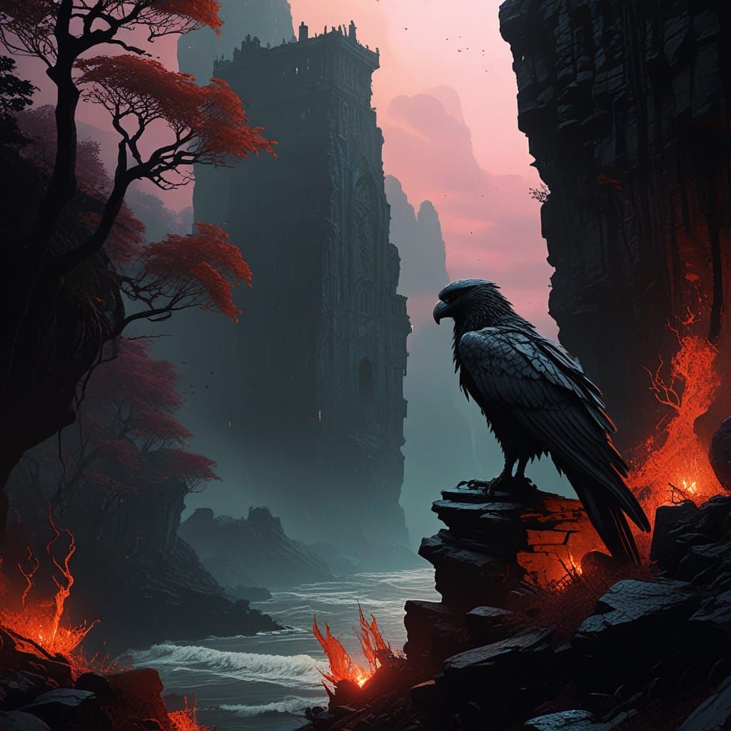 Harpy Perched Above Bloody Sea, in Dark Fantasy Style