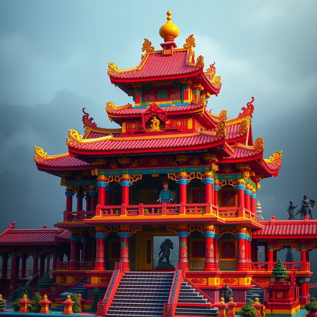 Vibrant Lego Asian Temple in Hyperrealistic Style