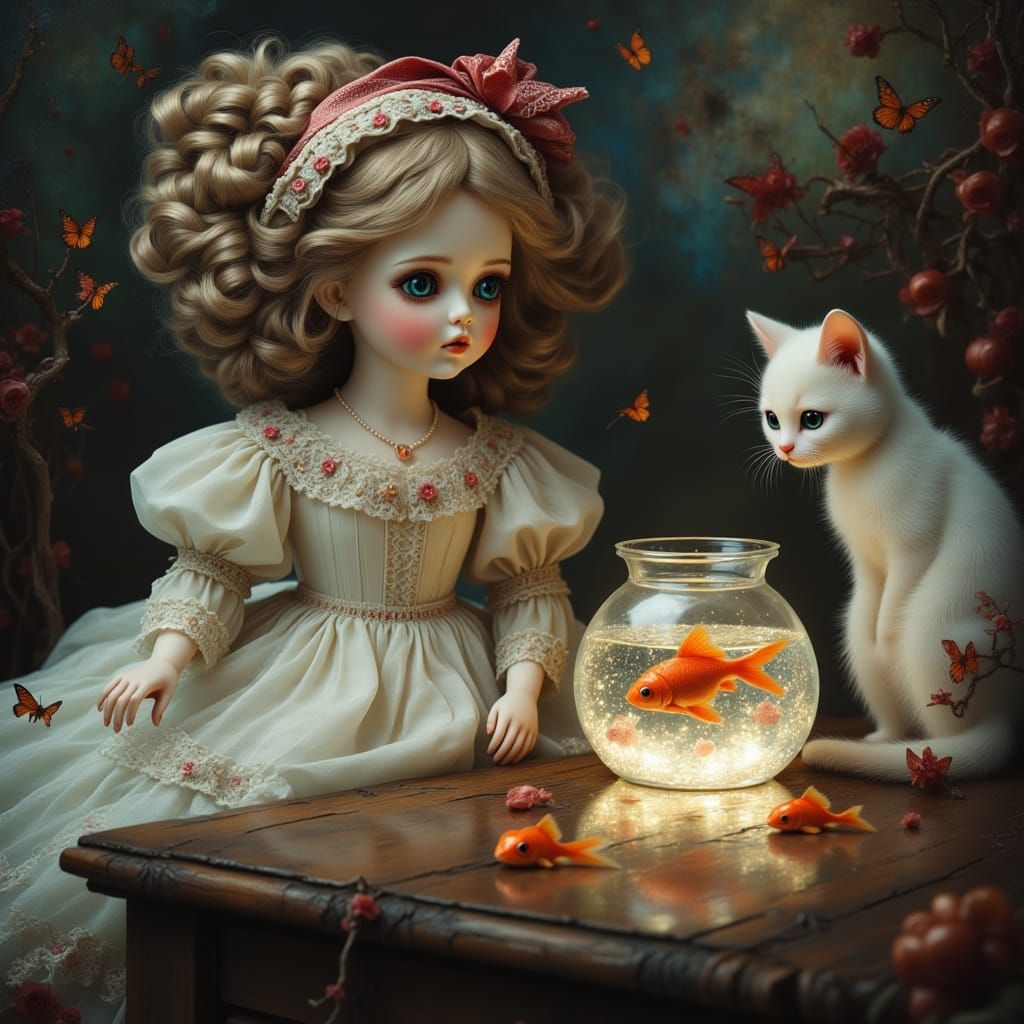 Cracked Doll and Kitten with Goldfish in Dreamlike Scene