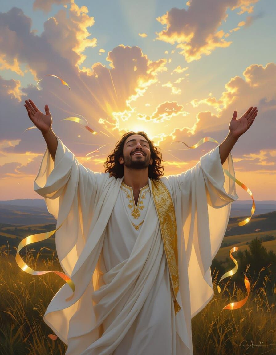 Joyful Worshipper Praising Dawn in Luminous Style