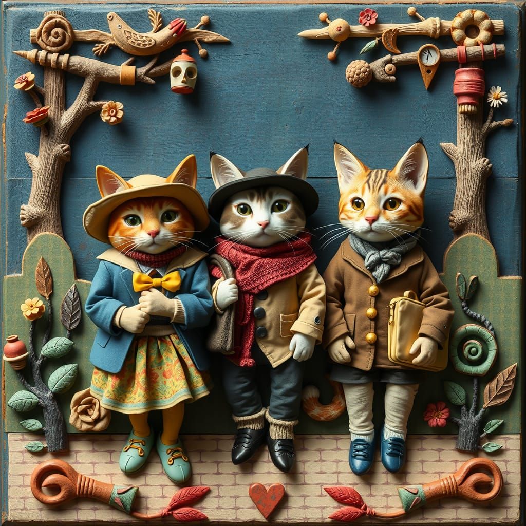 Cats' First Day of School: Whimsical 3D Folk Art