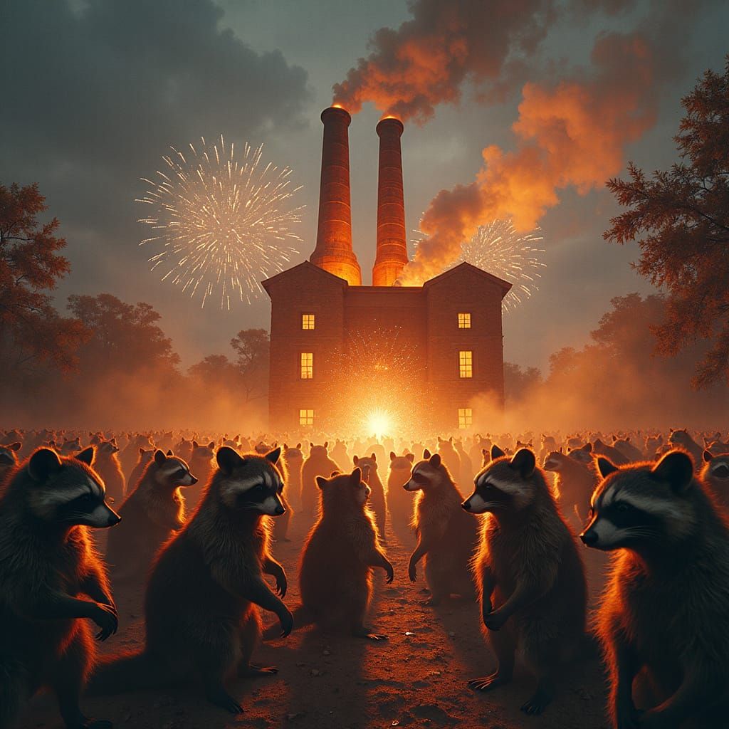 Raccoons in a Vibrant Fireworks Factory