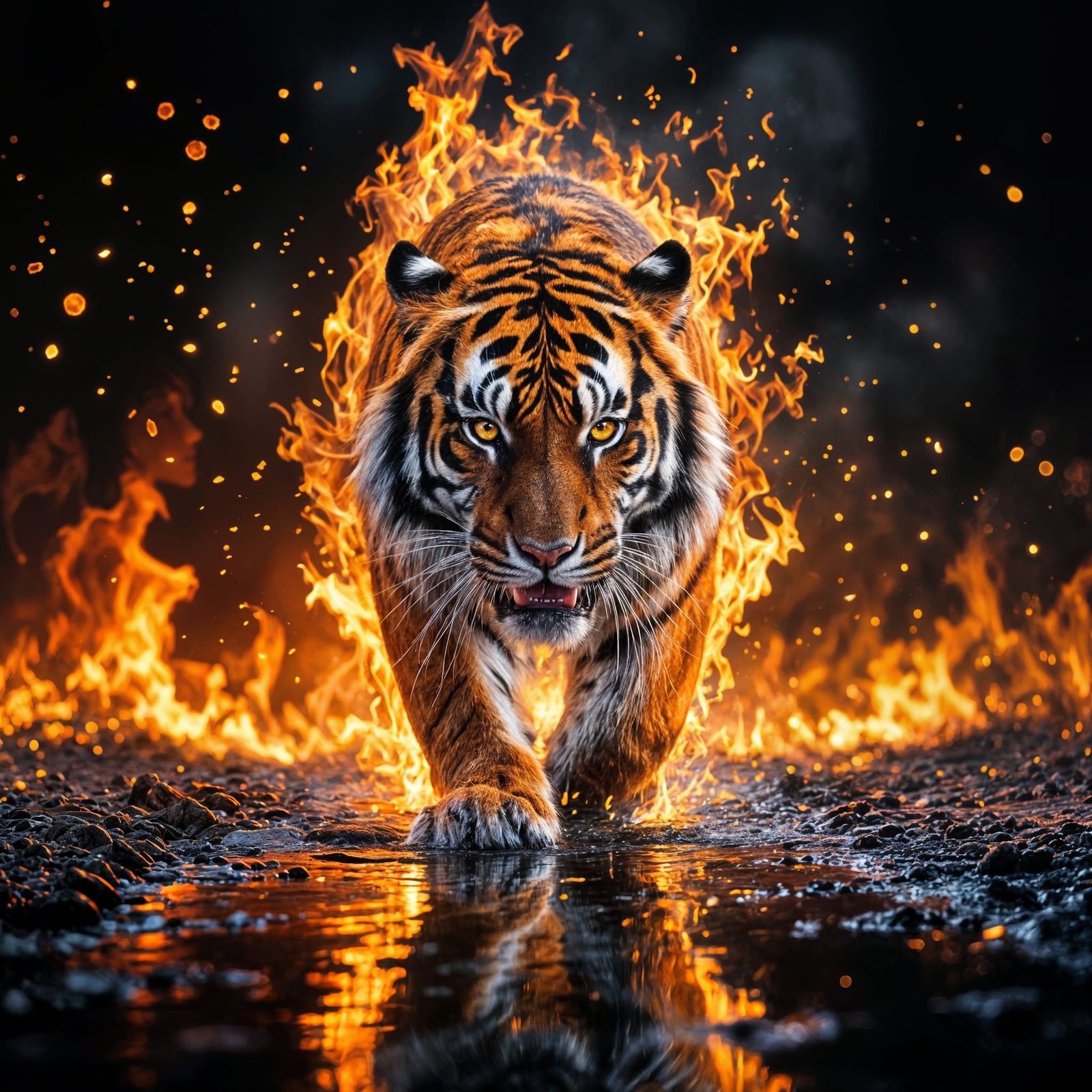Ferocious Tiger Engulfed in Flames on Black Background
