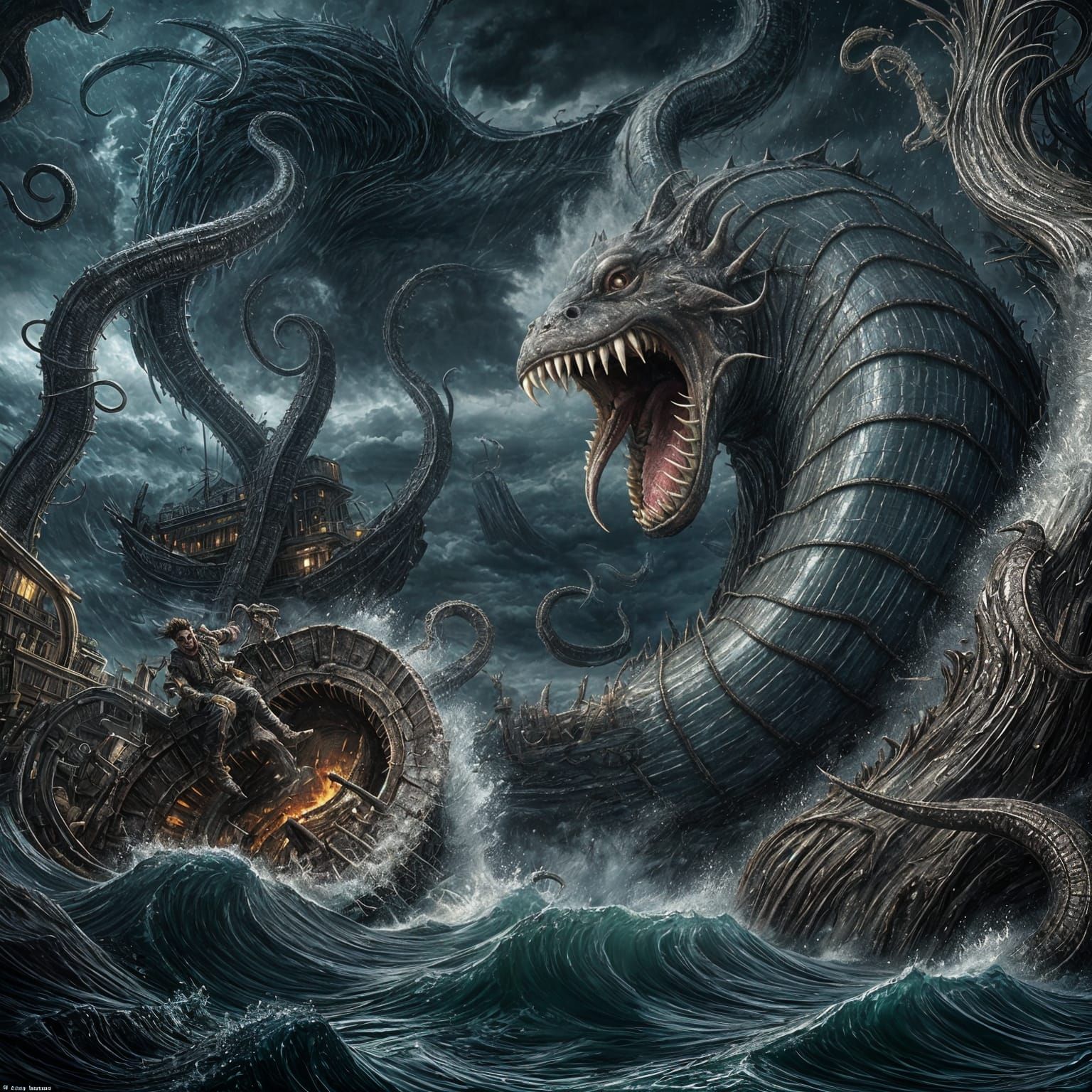 Kraken and Eel Clash in Stormy Seas