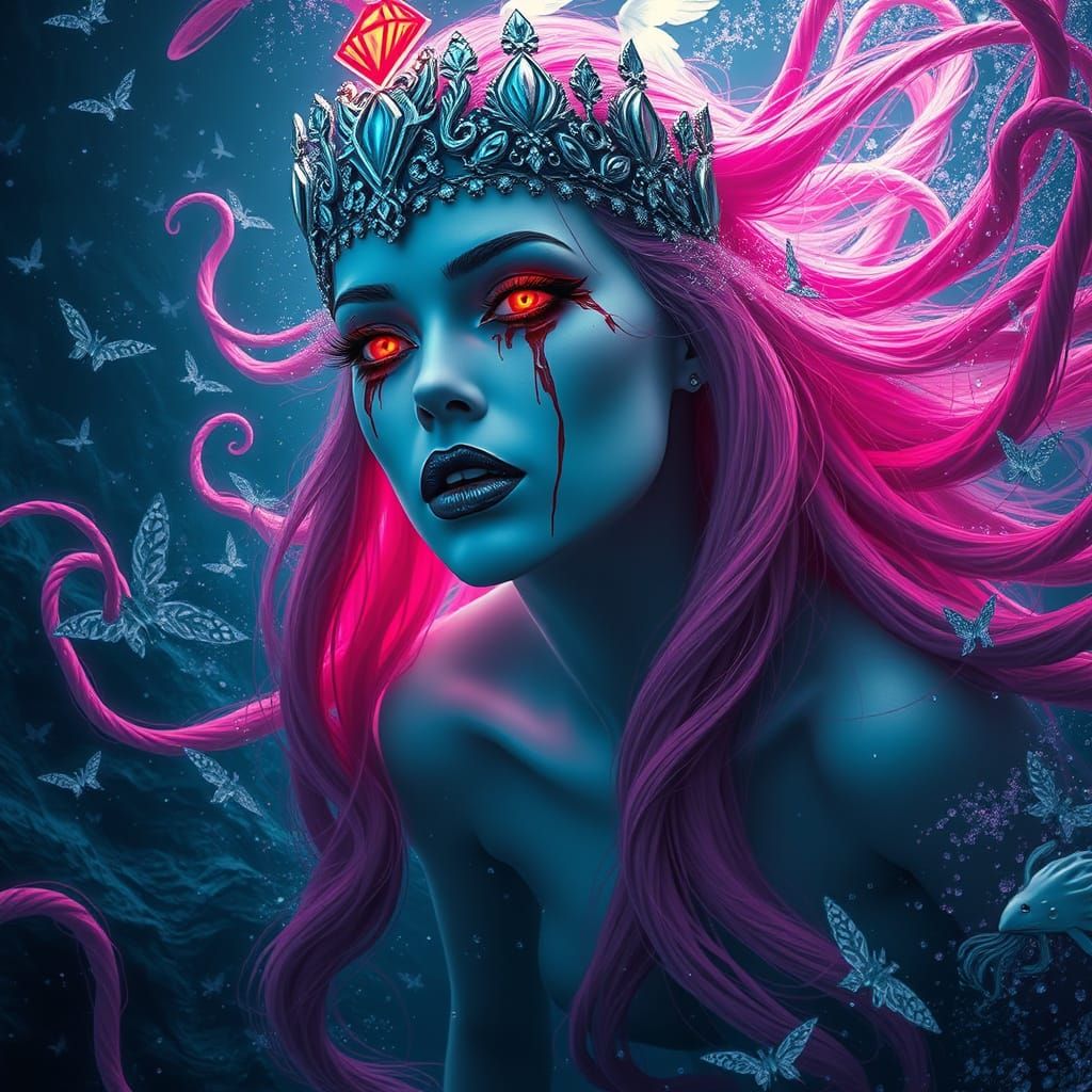 Cyberpunk Woman with Diamond Crown in Stormy Ocean