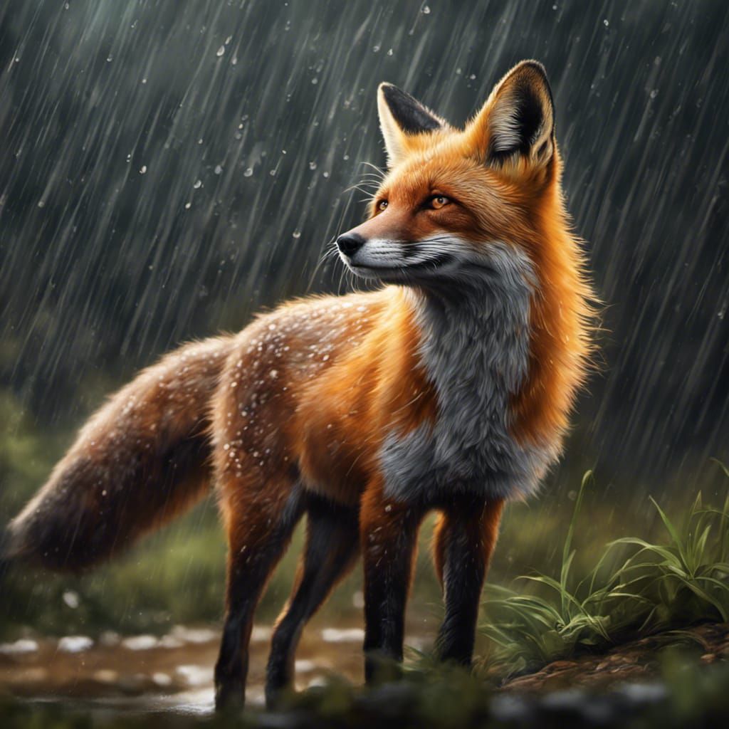 Fox Sheltering From Rain in Splash Art Style