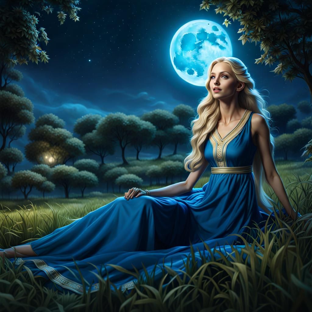 Blonde Woman Under Moon in Detailed Matte Painting