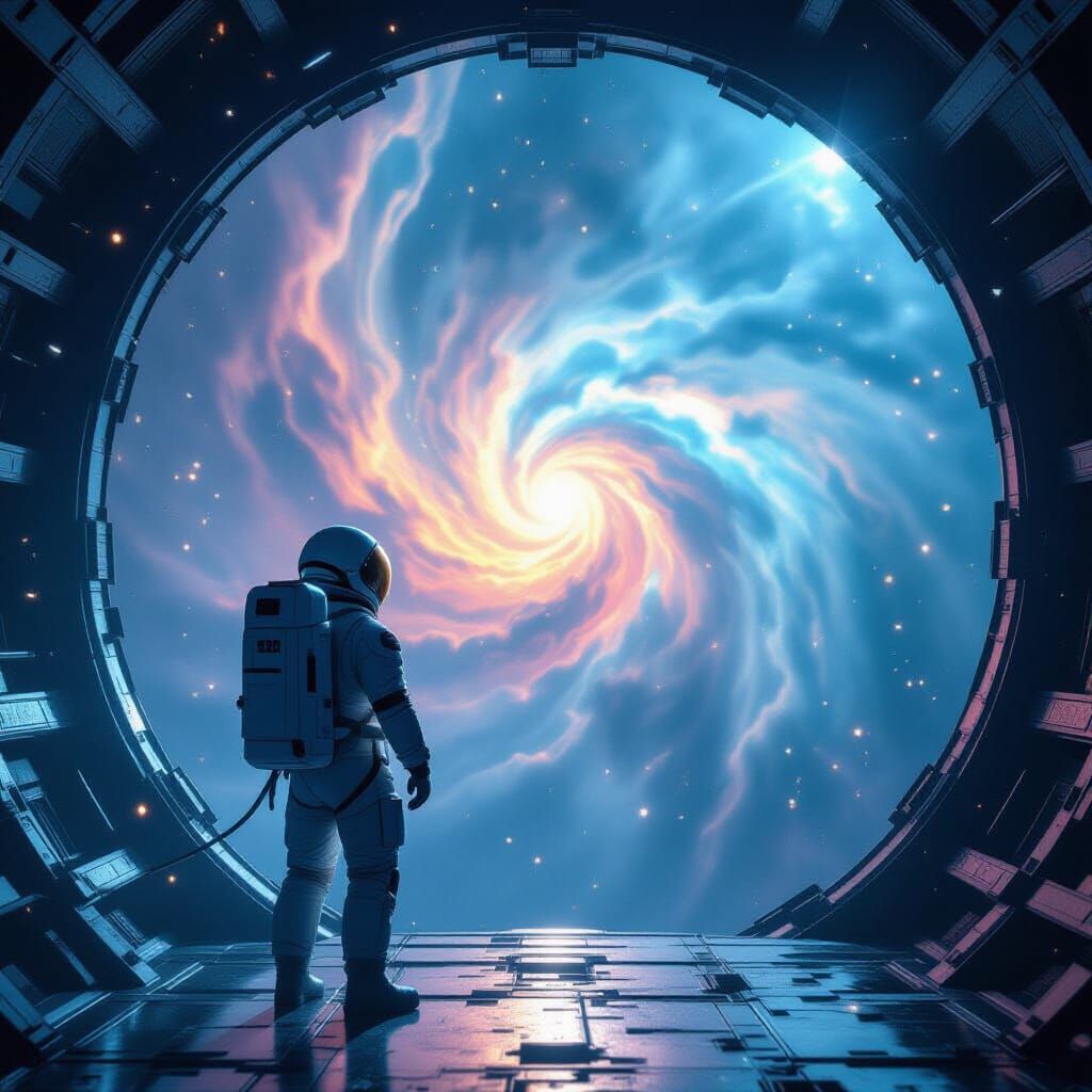 Astronaut Gazes at Nebula From Derelict Ship