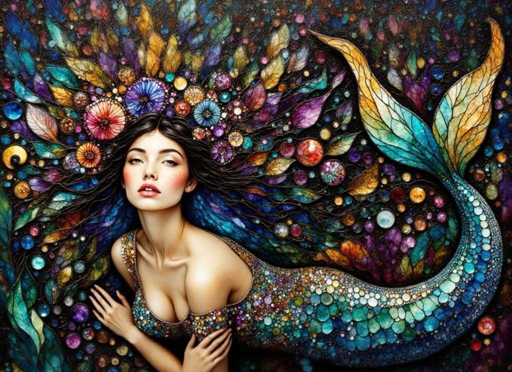 Mosaic Mermaid with Frida Kahlo Influence, Textured Realism