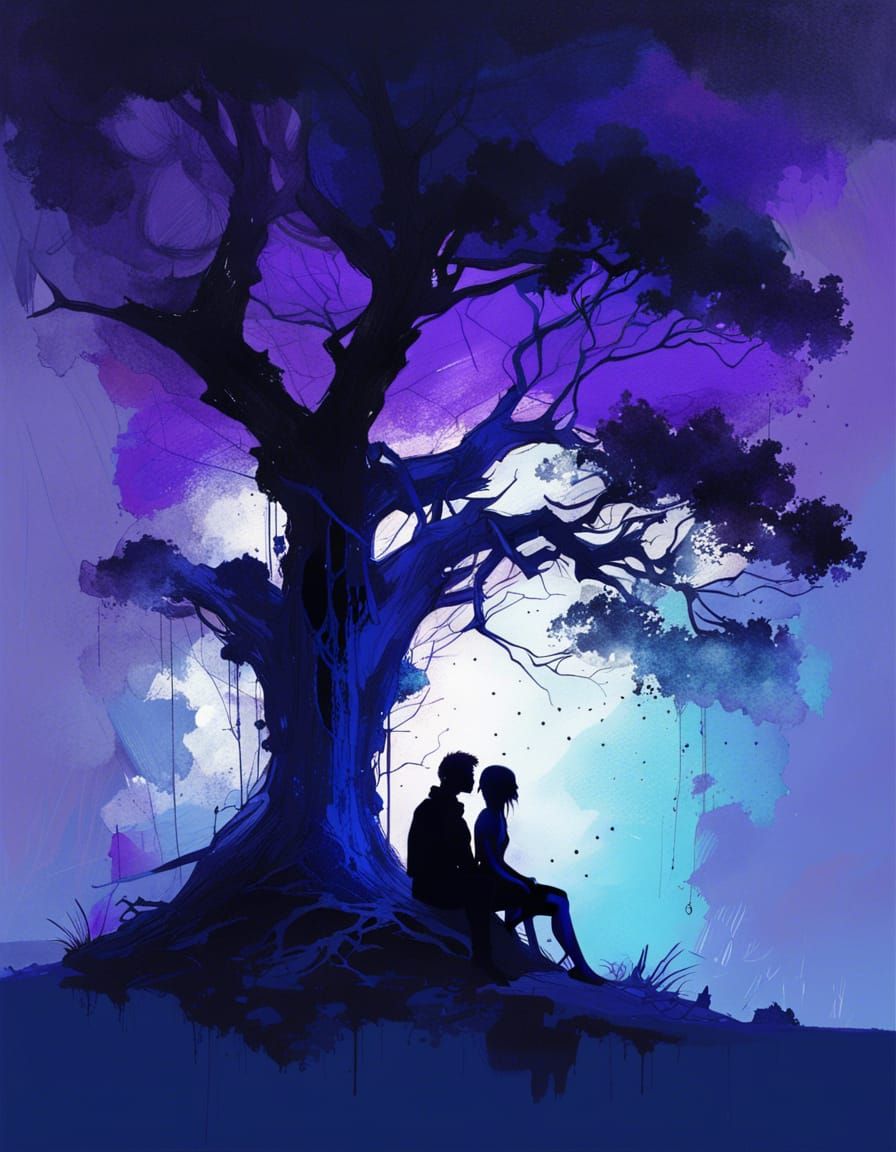 Romantic Silhouette of Couple Under Tree at Night