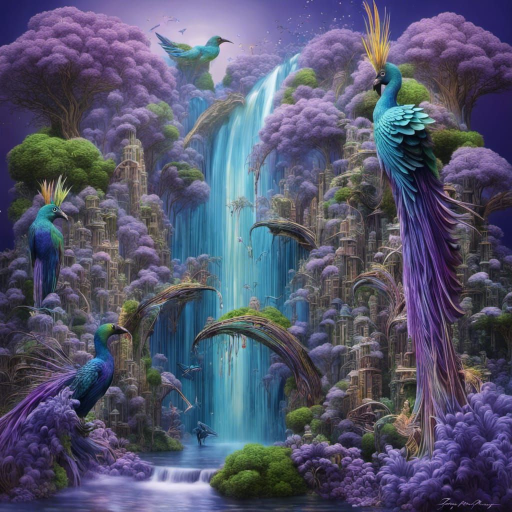 Futuristic Cityscape with Birds of Paradise, Sumi-Nagashi St...