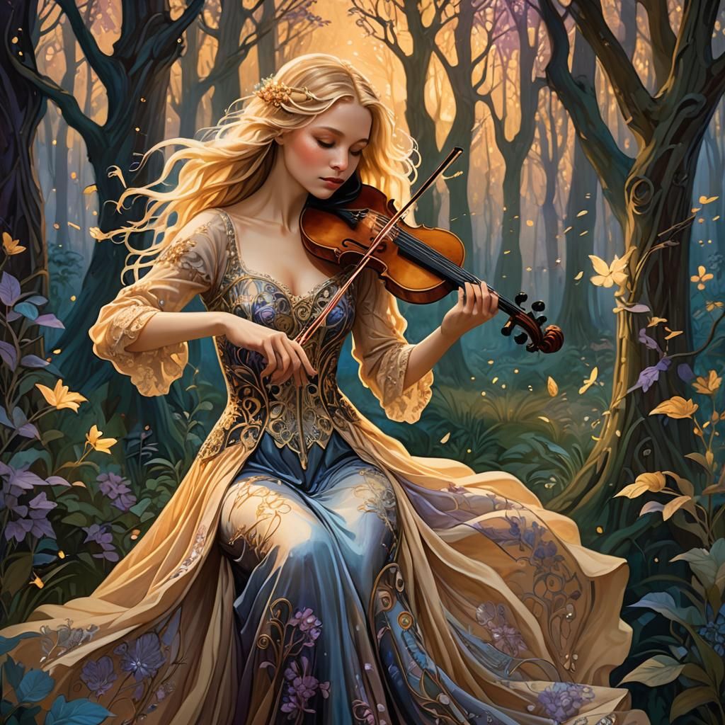 Enchanting Violinist in Mystical Forest, Art Nouveau Style