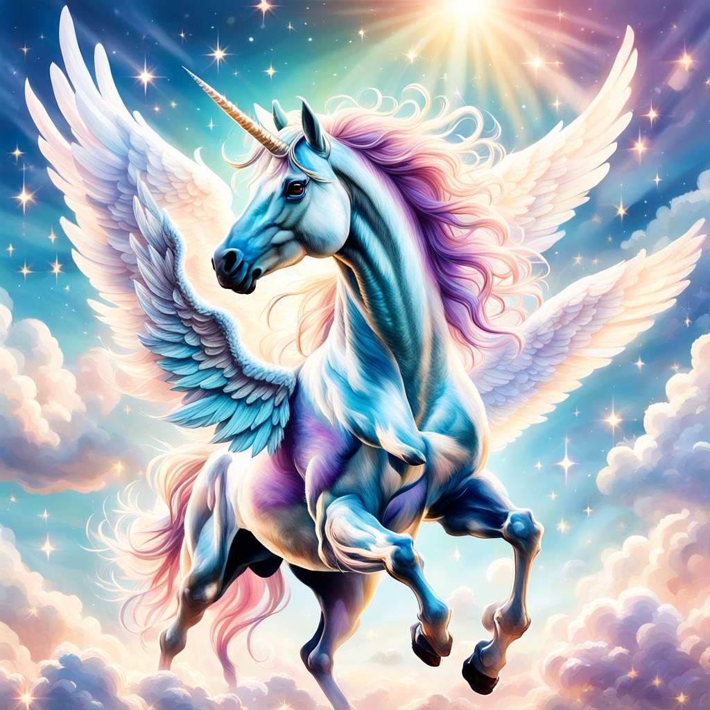 Glittering Unicorn-Pegasus Hybrid Flies Through Dreamy Sky