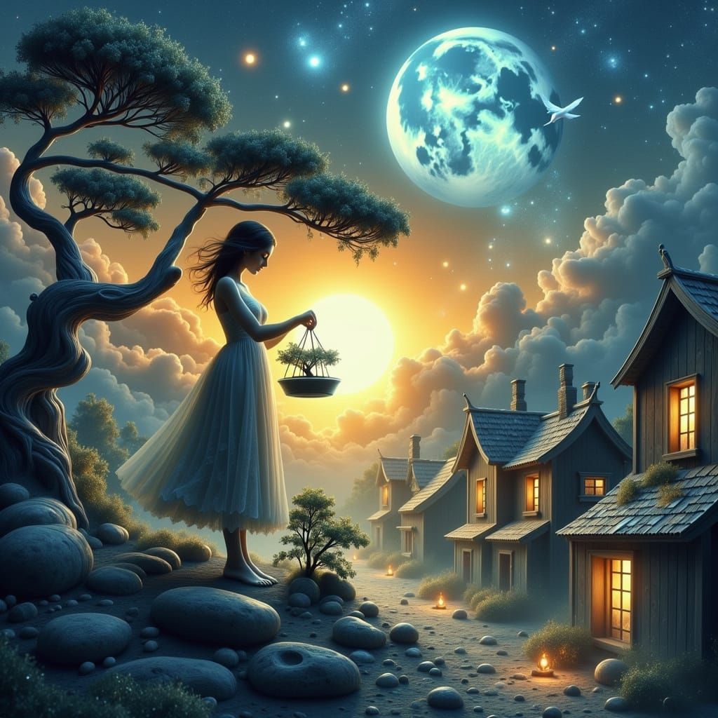 Hope as a Delicate Bonsai Tree in a Dreamlike Twilight Setti...