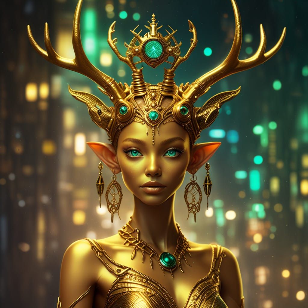 Gold Alien Time Traveler with Antlers in Digital Art