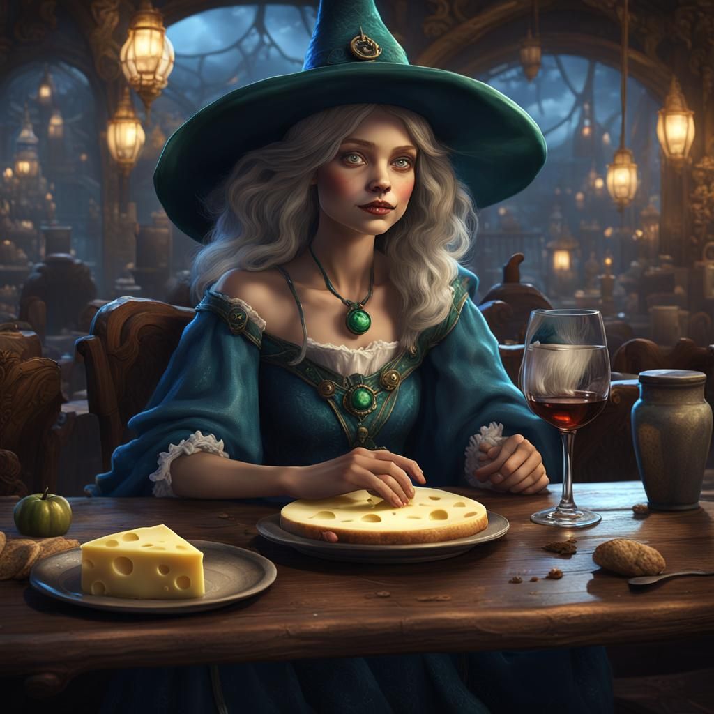 Whimsical Witch Enjoying Wine in Cafe: Fantasy Art