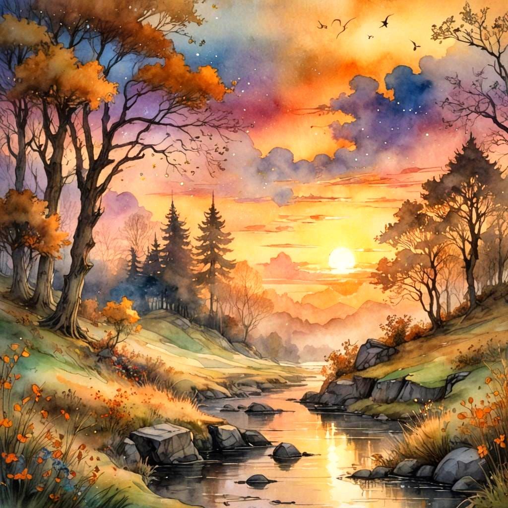 Watercolor Sunset in Arthur Rackham Style