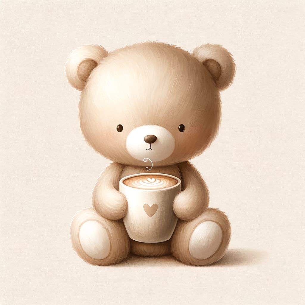 Cute Teddy Bear Holding Coffee Mug in Watercolor Style