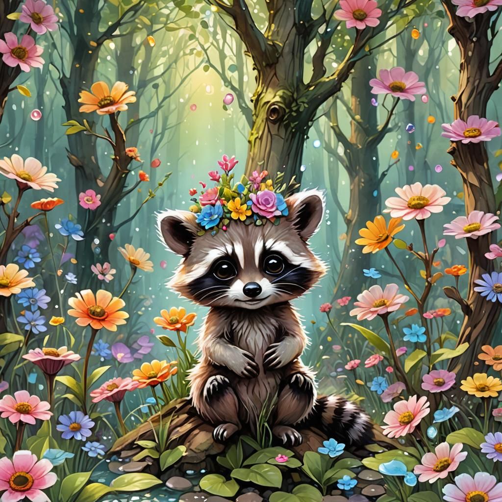 Adorable Chibi Raccoon in Enchanted Flower Forest