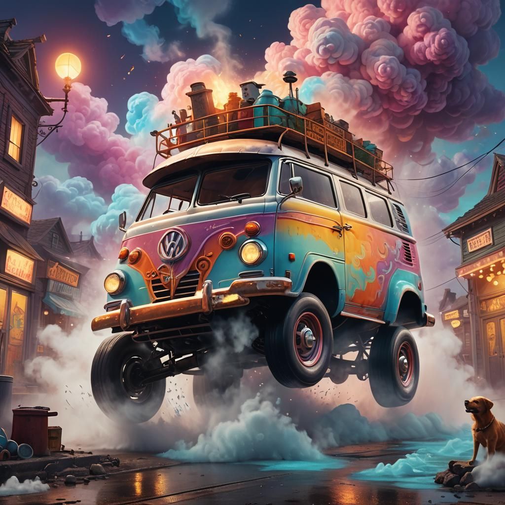 Whimsical Van Crashing Through Cloud Dog Wash