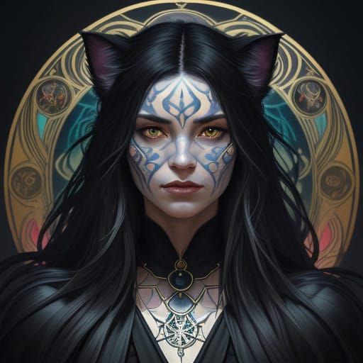 Whimsical Art Nouveau Feline Enchantress