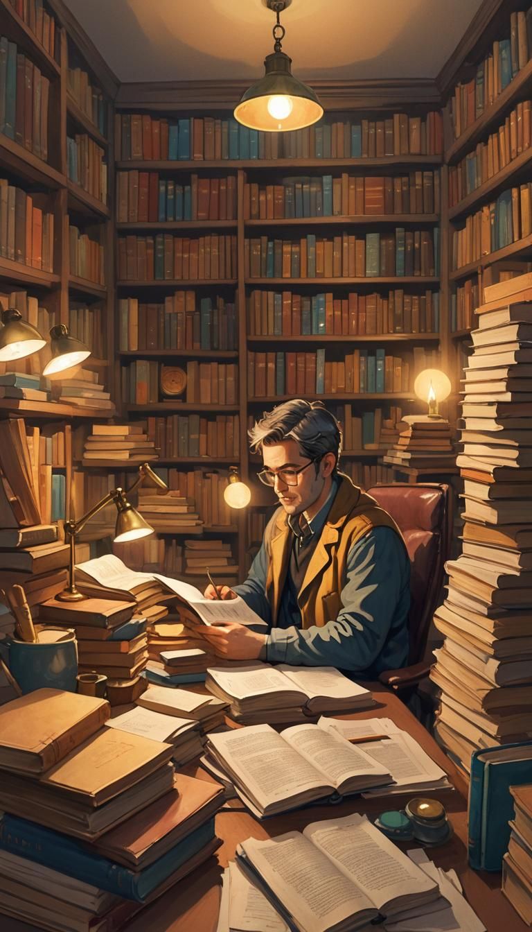 Researcher in Cozy Library with Warm Lighting