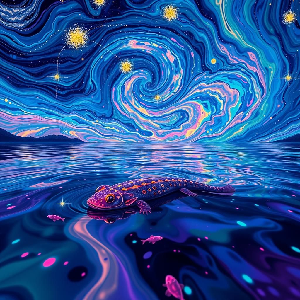 Colorful Non-Newtonian Fluid Lake Under Starry Sky