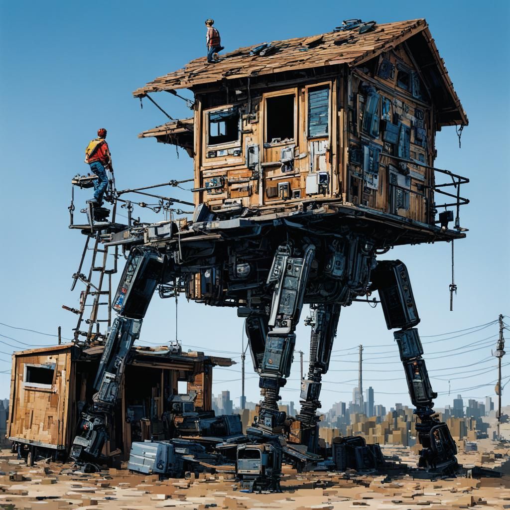 Cross Stitch of Walking Scrap House in JunkPunk Style