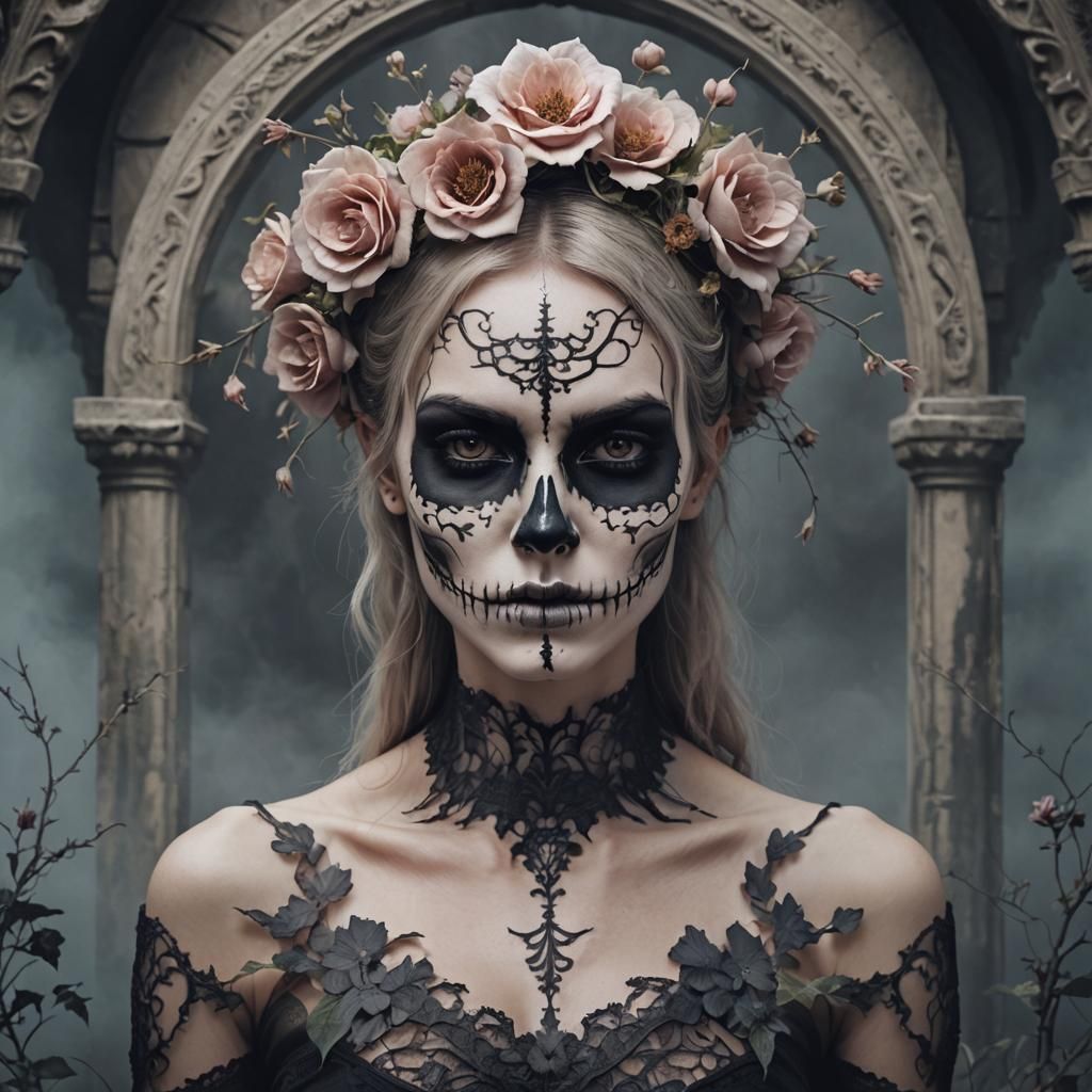 Gothic Woman with Skull Flower Face