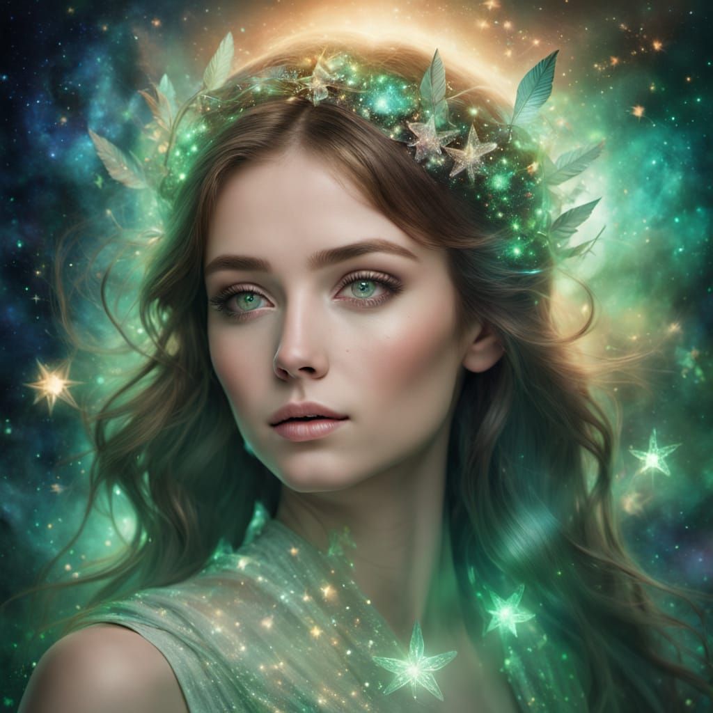 Ethereal Goddess with Glowing Spring Green Eyes