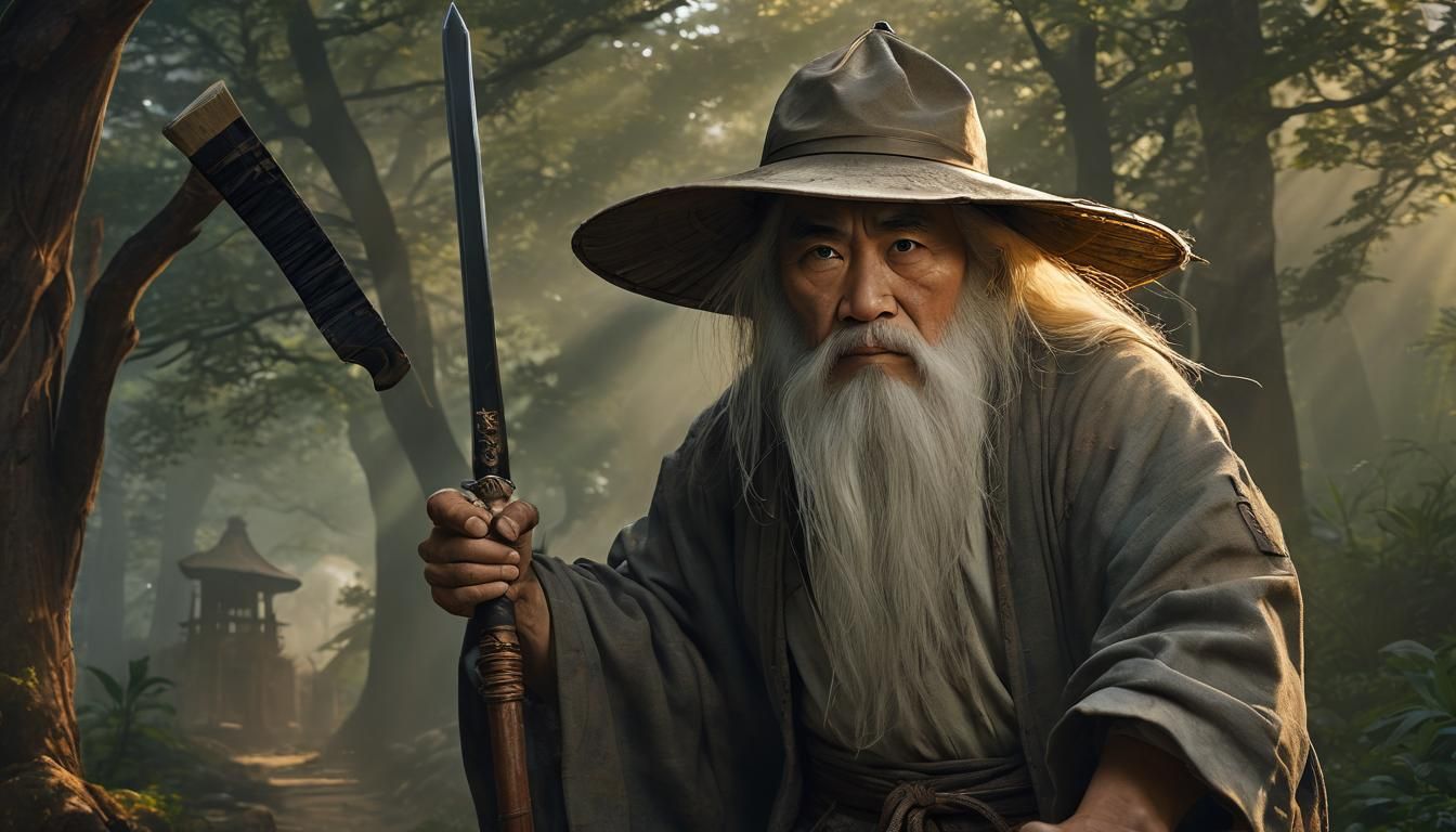 Old Samurai Sensei in Misty Landscape, Digital Art