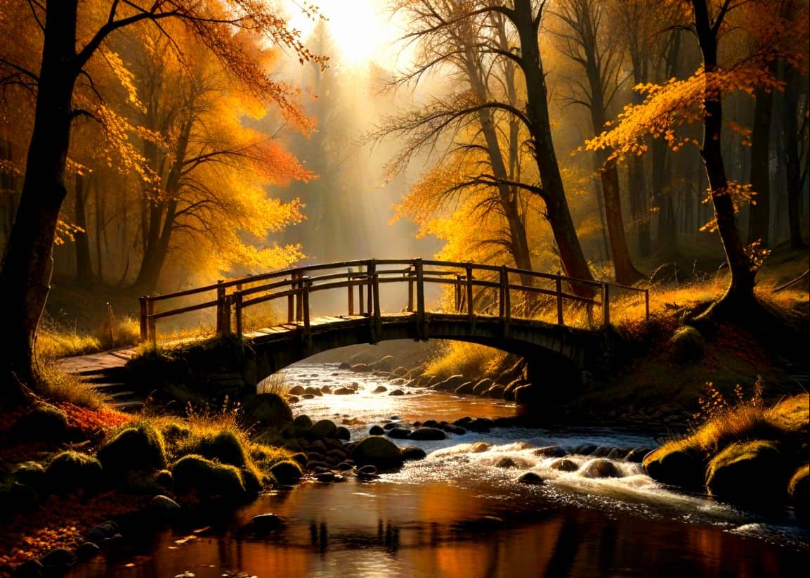 Misty Autumn Forest Stream with Old Bridge