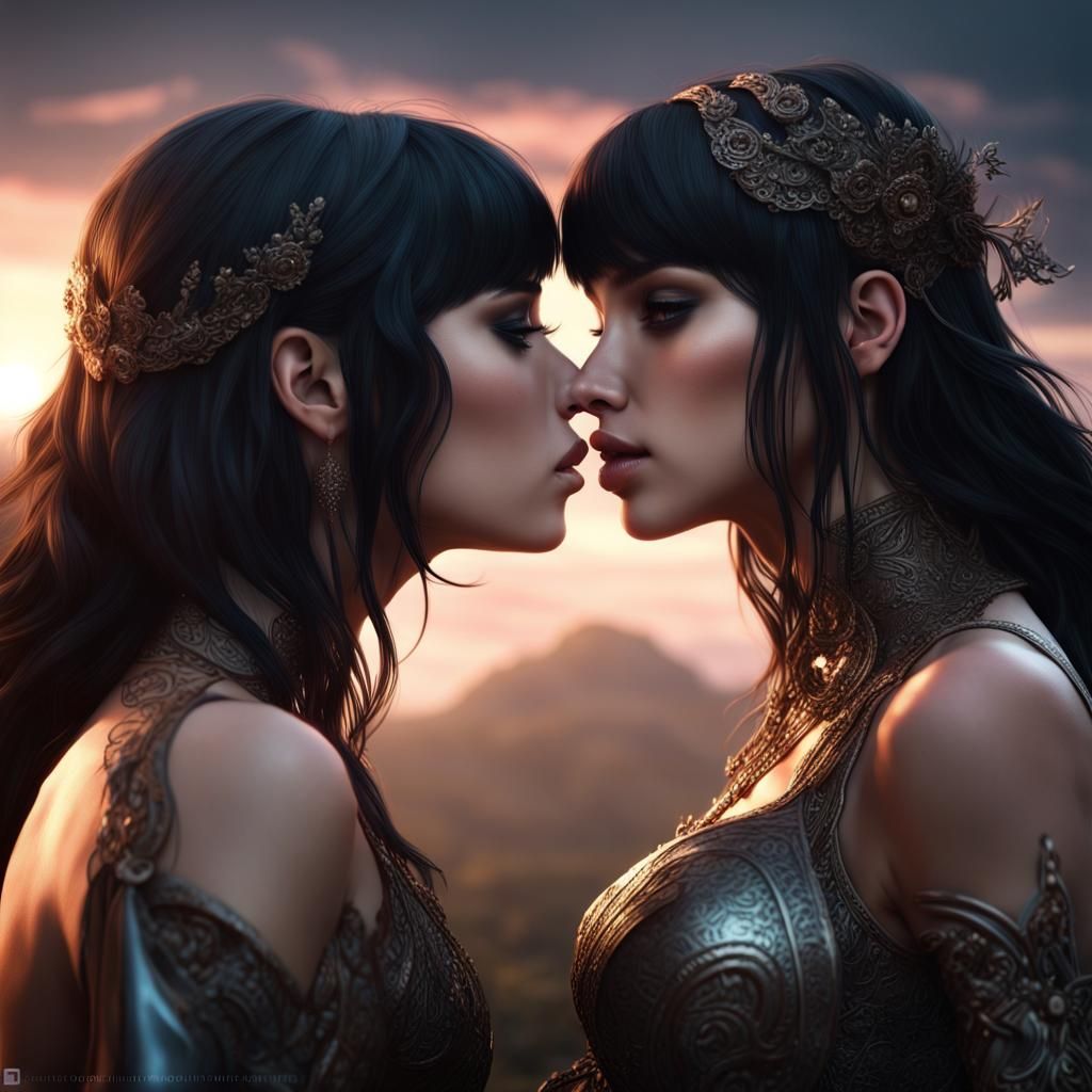 Two Girls Kissing: Detailed Matte Painting
