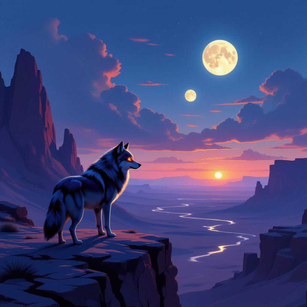 Majestic She-Wolf in Alien Desert at Twilight - Cinematic Ma...