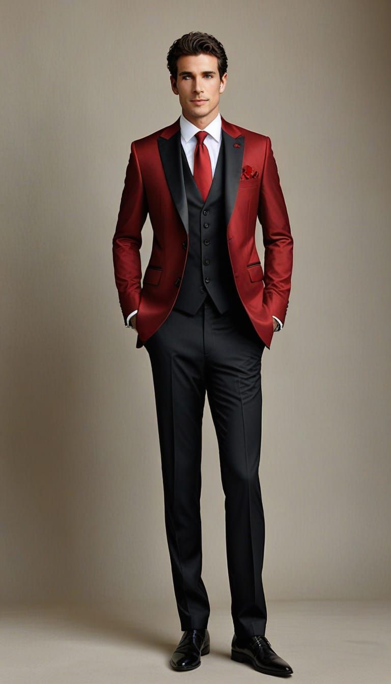 Sharp Black and Red Wedding Tuxedo Portrait