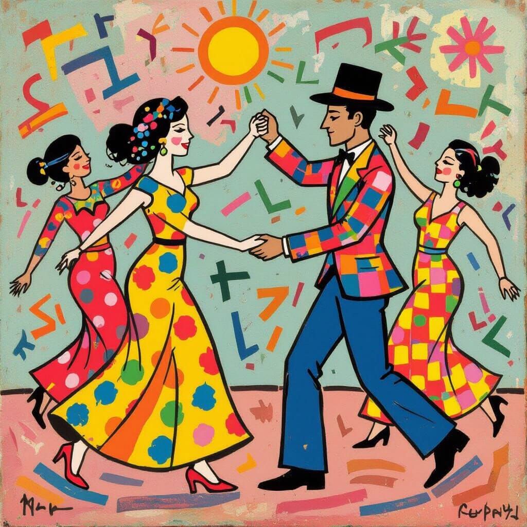 Dancing Figures in Circle, Contemporary Pop Art Style