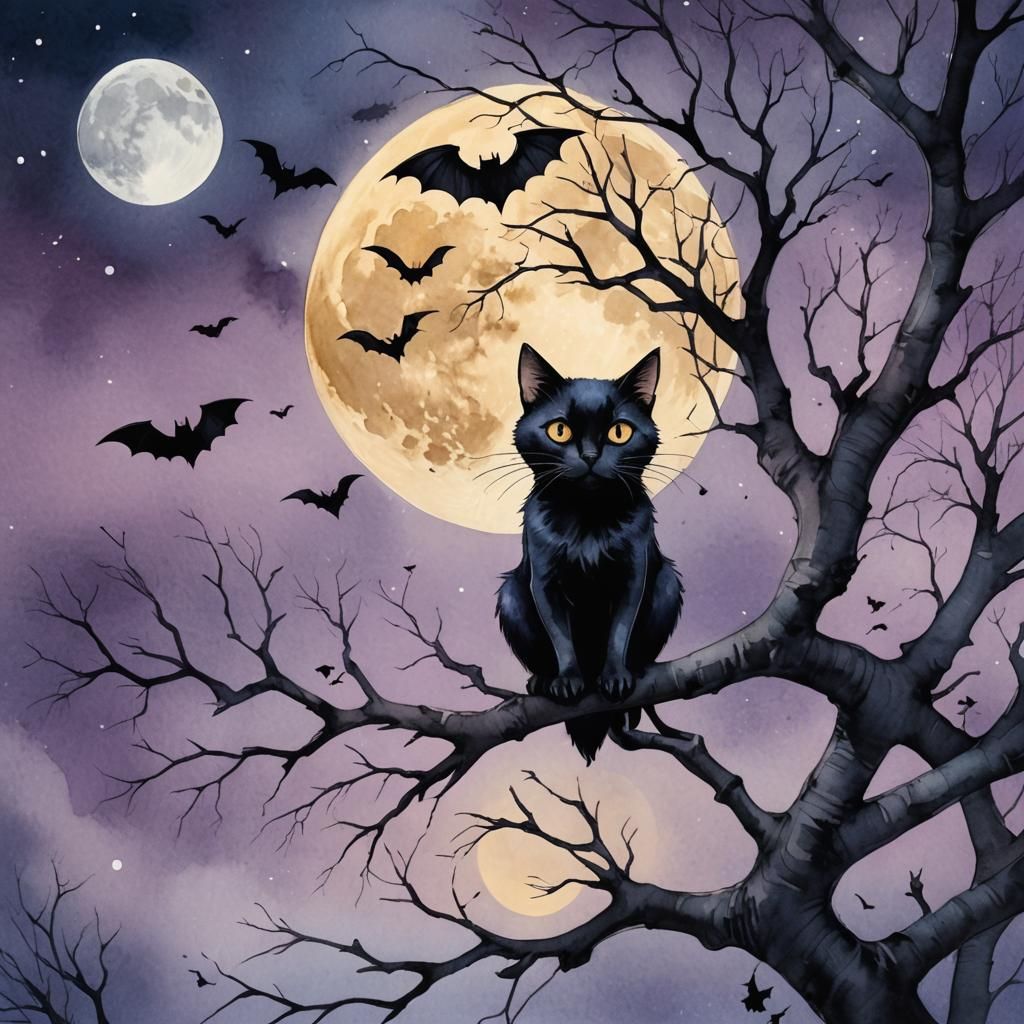 Cute Black Cat and Bat in Whimsical Gothic Watercolor