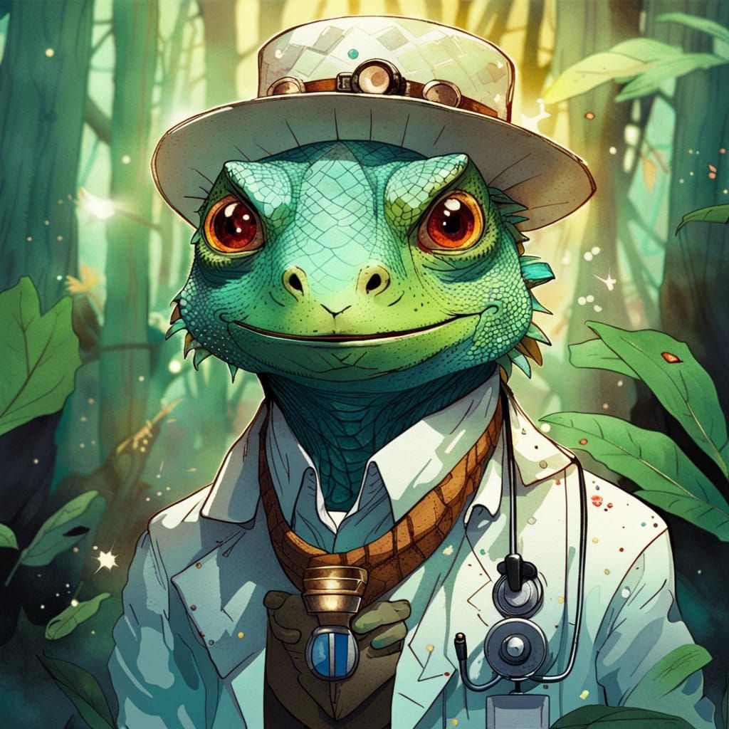 Anime Iguana Doctor in Glowing Forest