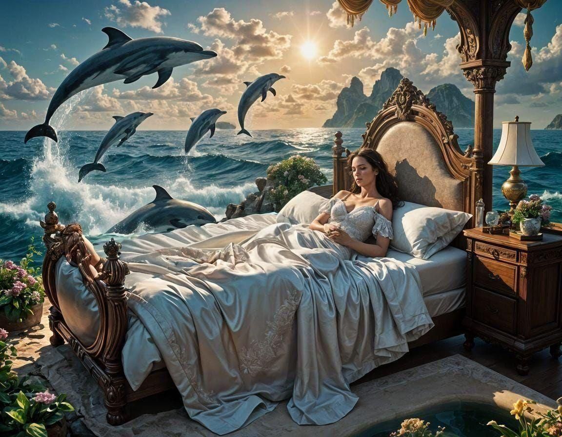 Ocean Dream: Woman Sleeping with Dolphins