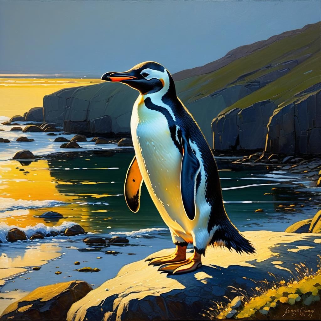 Penguin on Rocky Shoreline as Impasto Oil Painting