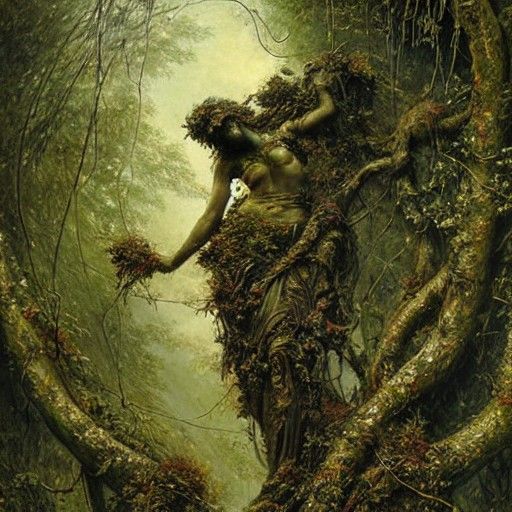 Moss-Covered Statue in Hyperrealistic Style