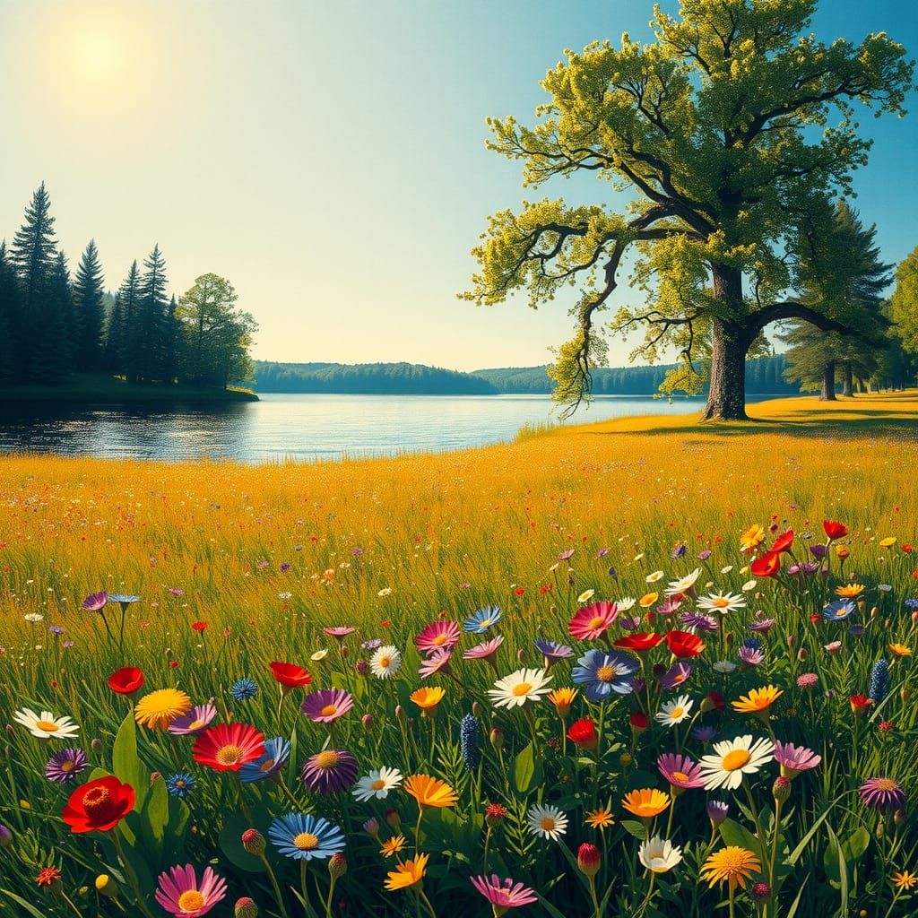 Pointillist Landscape with Meadow and Lake