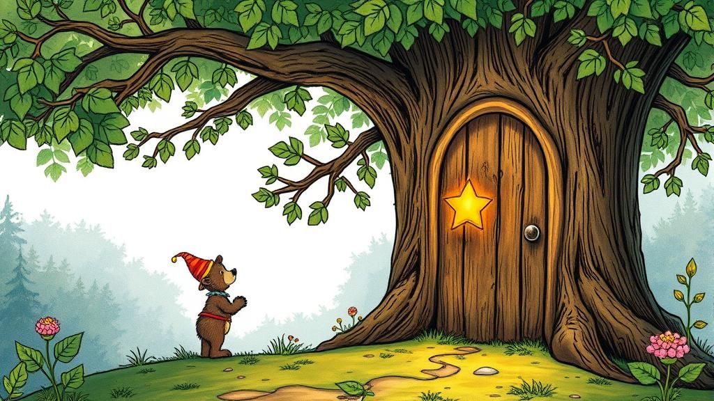 Rupert Bear and Elf at Secret Tree Door