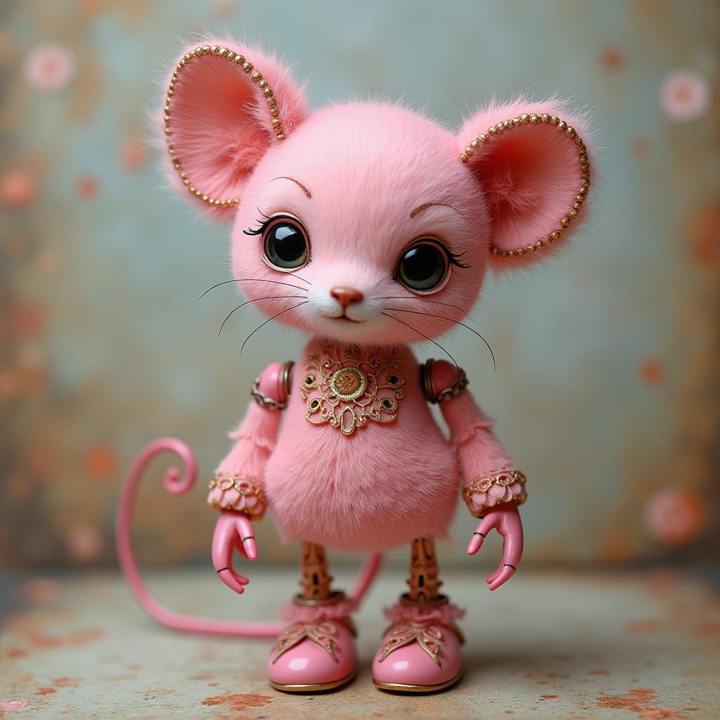 Surreal Pink Filigree Girl Robot in Whimsical Folk Art Style